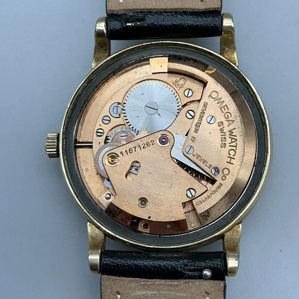 Vintage Omega Bumper Automatic Mens Watch 34mm Gold Plated Leather 17 Jewels